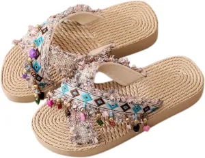Girl's Summer Woven Slippers Flat Thick Bottom Light Ethnic Tassel Boho Slippers Sandals Kids Summer Slippers Boys