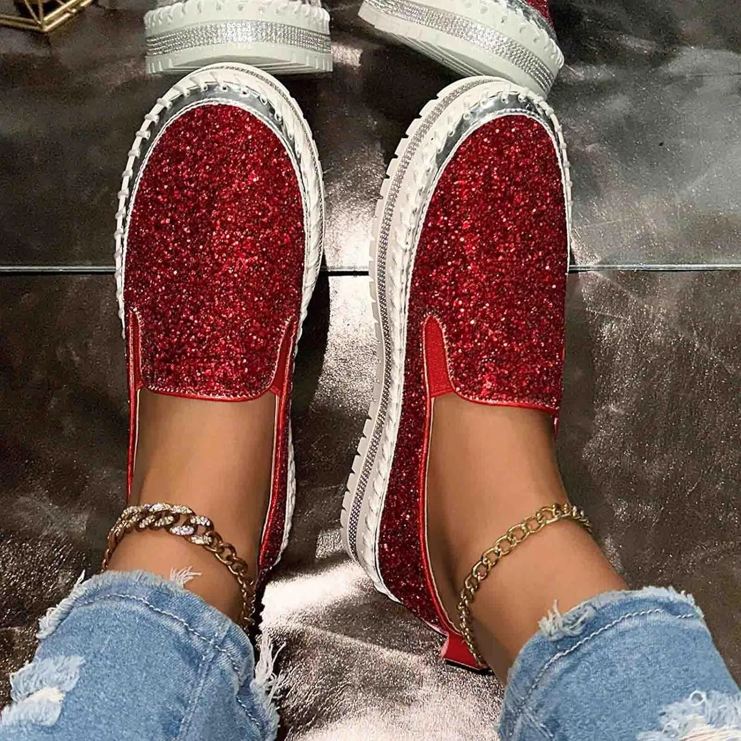 Glitter Sneakers for Women Slip On Sneakers Comfort Cute Loafers Walking Flat Loafer Platform Rhinestones Shoes