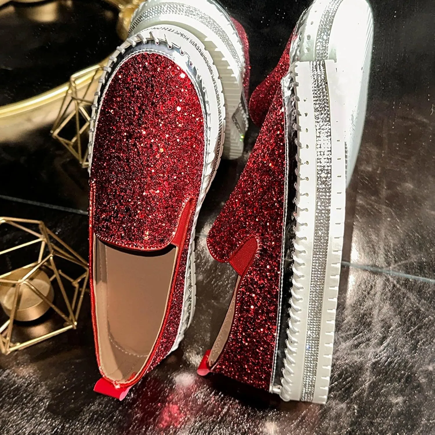 Glitter Sneakers for Women Slip On Sneakers Comfort Cute Loafers Walking Flat Loafer Platform Rhinestones Shoes