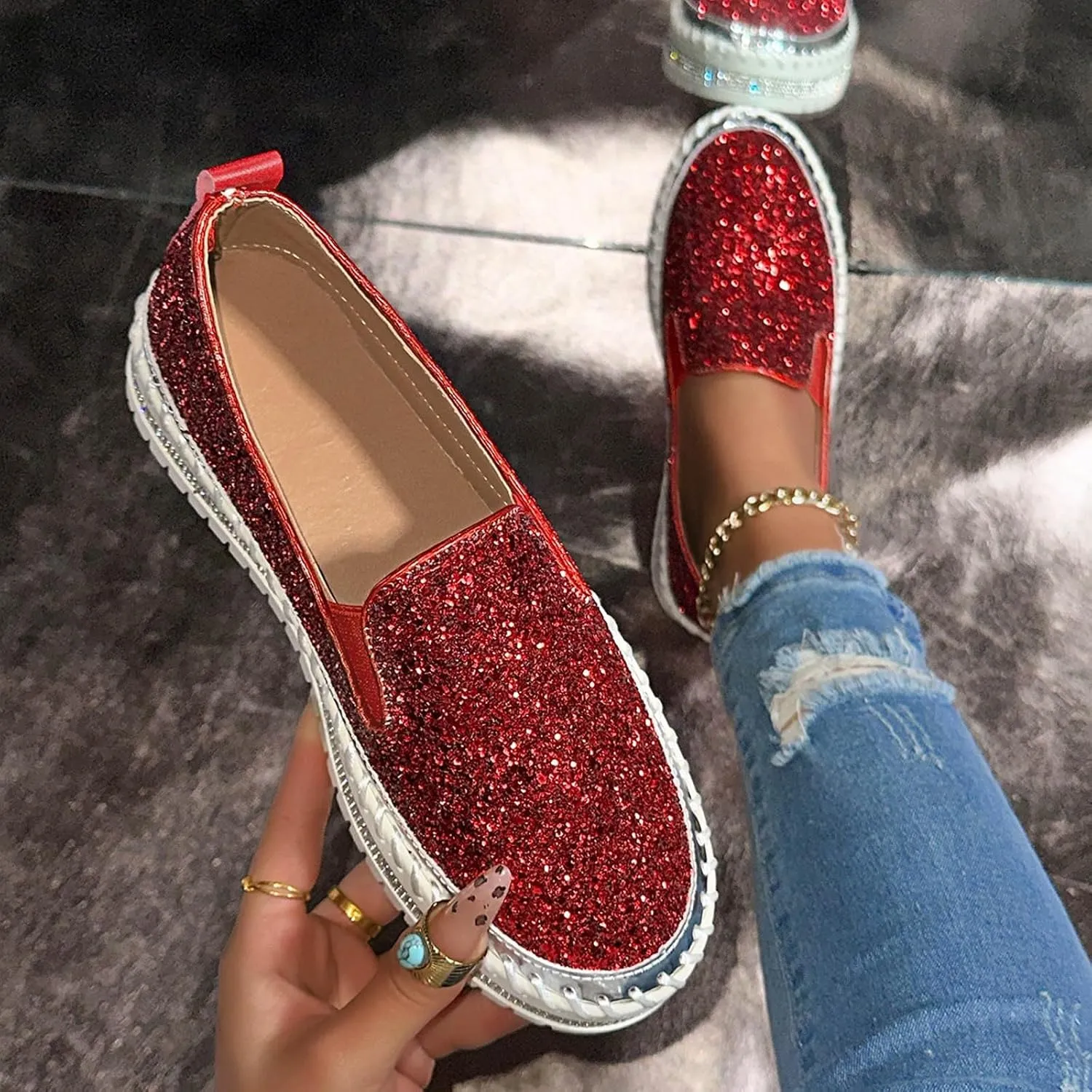 Glitter Sneakers for Women Slip On Sneakers Comfort Cute Loafers Walking Flat Loafer Platform Rhinestones Shoes
