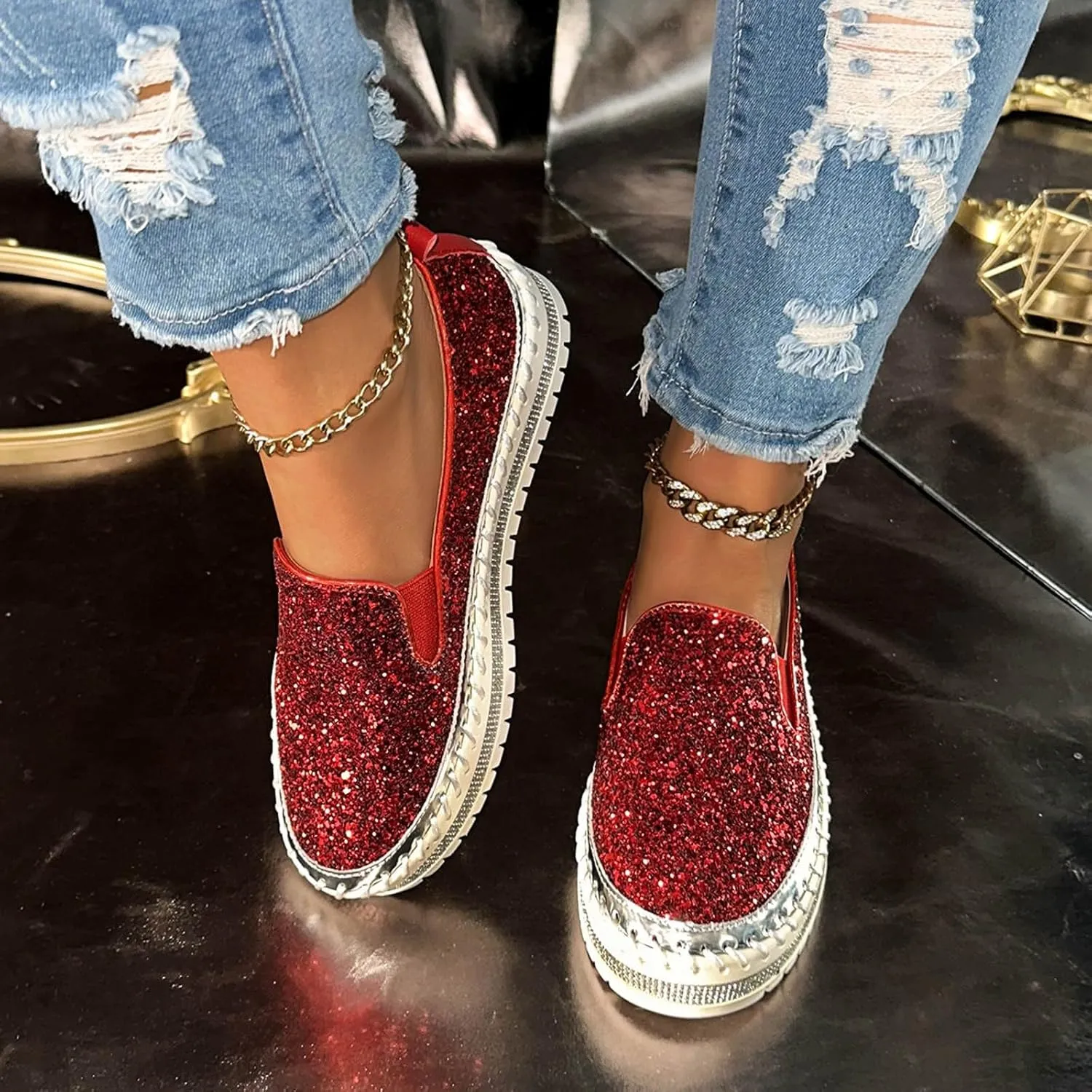 Glitter Sneakers for Women Slip On Sneakers Comfort Cute Loafers Walking Flat Loafer Platform Rhinestones Shoes