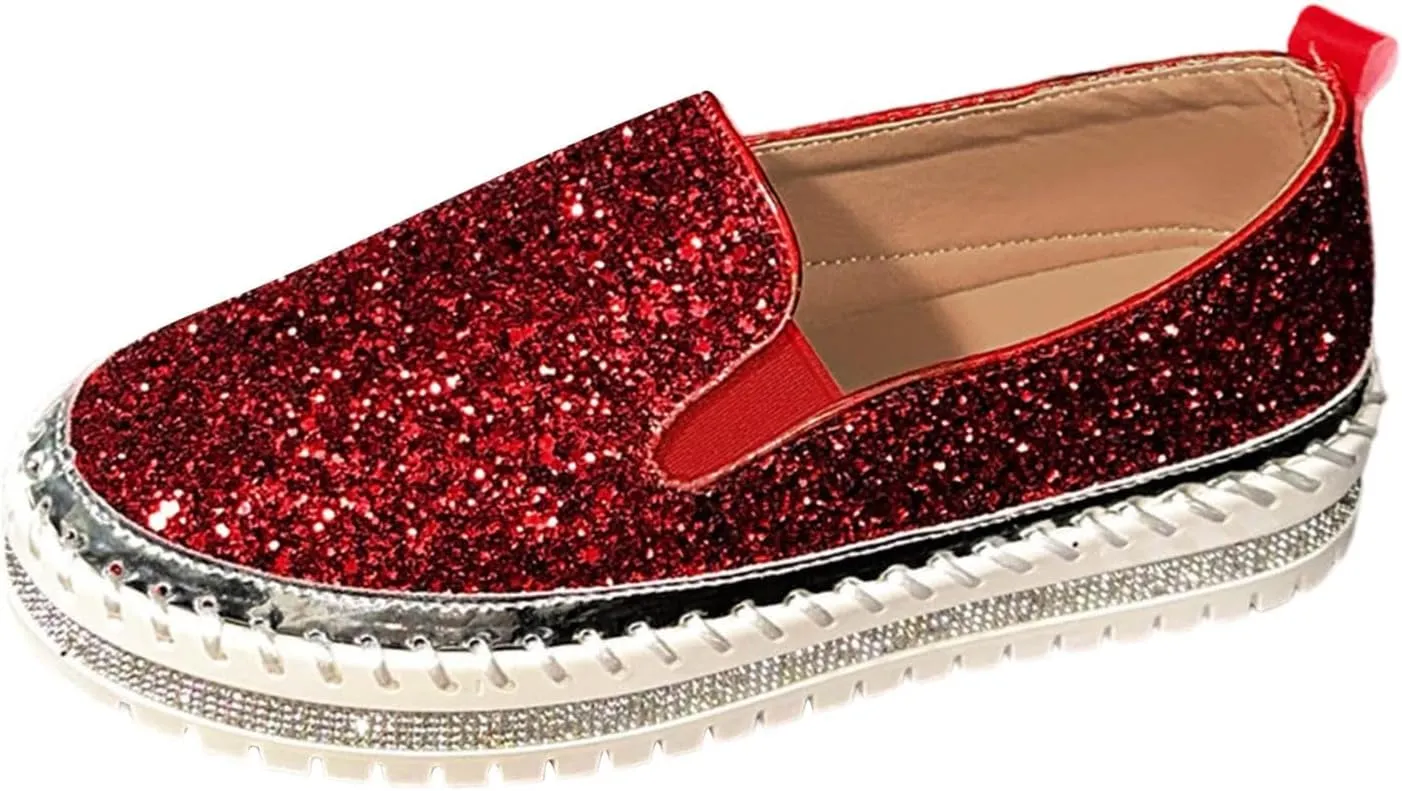 Glitter Sneakers for Women Slip On Sneakers Comfort Cute Loafers Walking Flat Loafer Platform Rhinestones Shoes