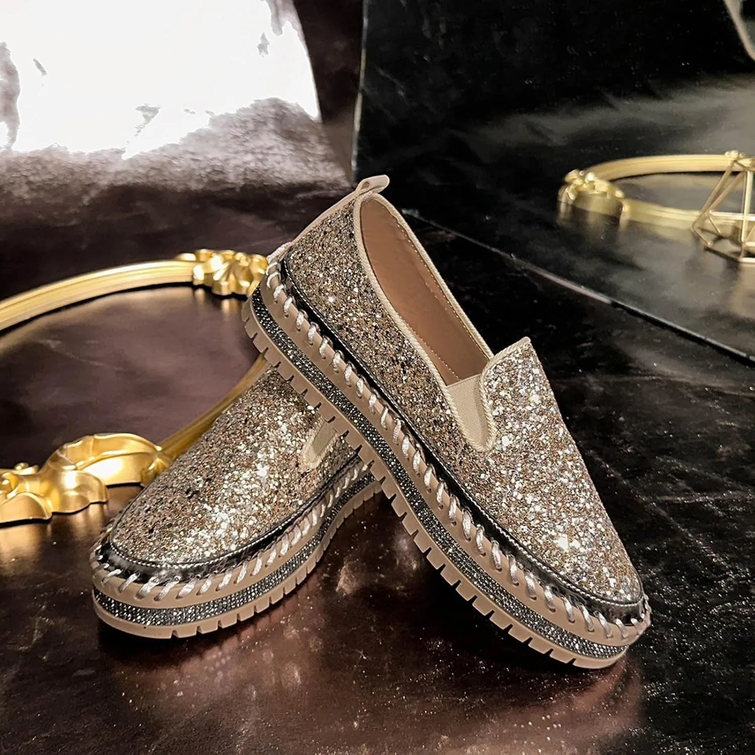 Glitter Sneakers for Women Slip On Sneakers Comfort Cute Loafers Walking Flat Loafer Platform Rhinestones Shoes