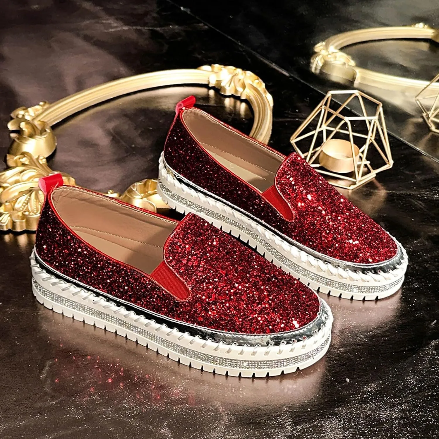 Glitter Sneakers for Women Slip On Sneakers Comfort Cute Loafers Walking Flat Loafer Platform Rhinestones Shoes