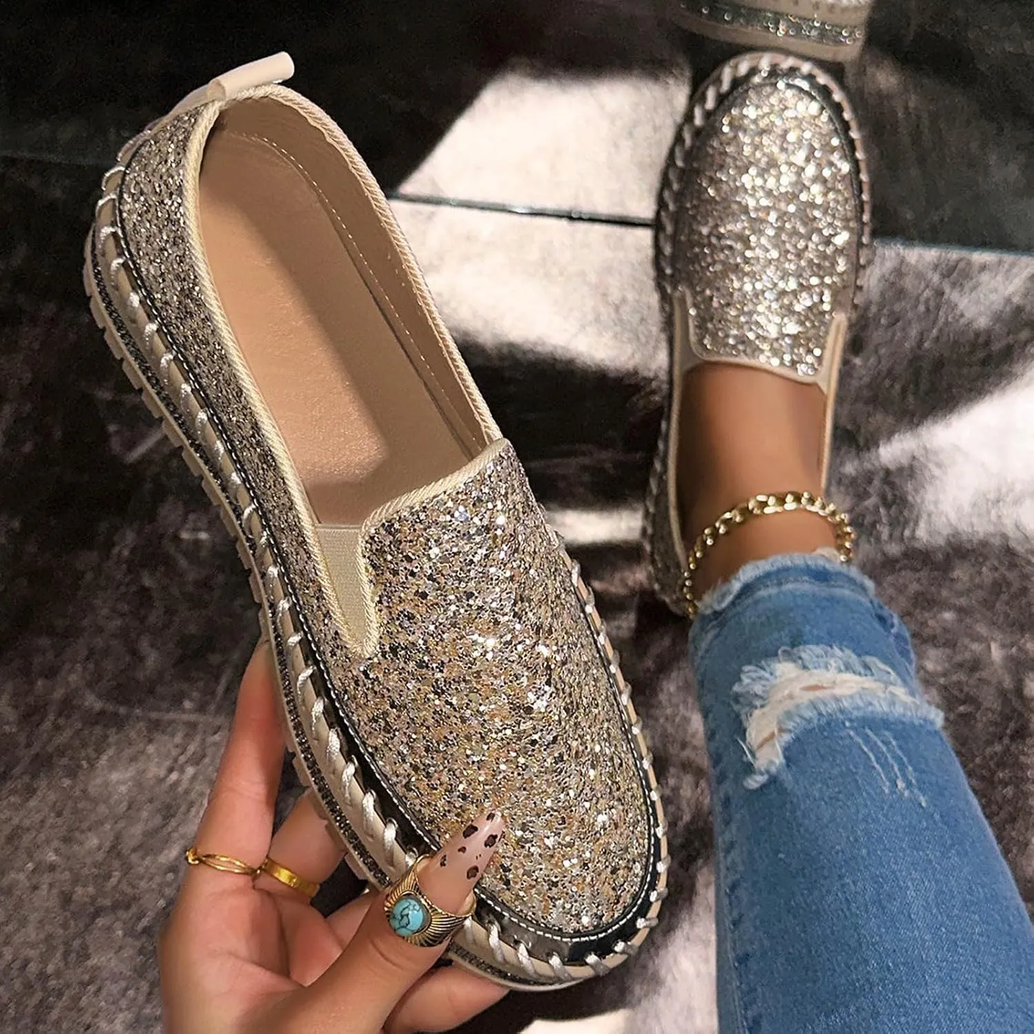 Glitter Sneakers for Women Slip On Sneakers Comfort Cute Loafers Walking Flat Loafer Platform Rhinestones Shoes