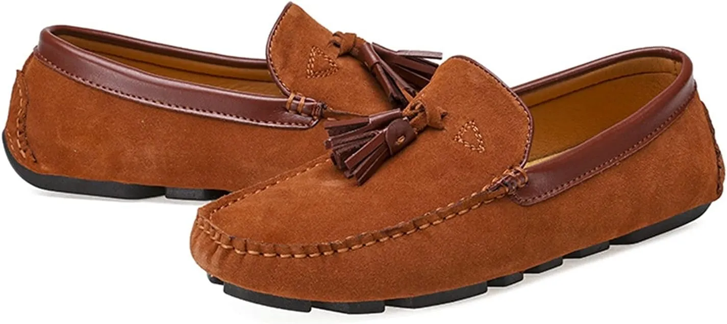 HOOENG Driving Moccasins Smoking Loafer for Men Tassel Suede Vamp Genuine Leather Round Toe Comfortable Flexible Resistant Soft Casual Slip on