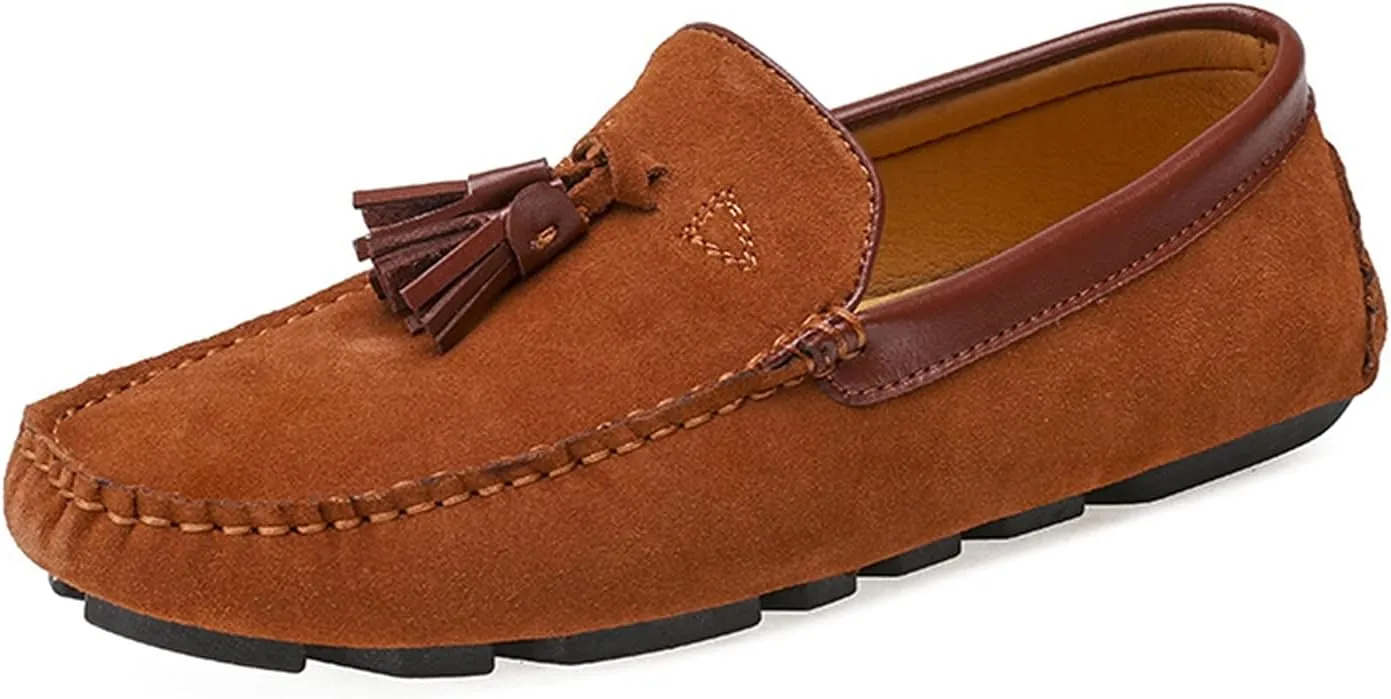 HOOENG Driving Moccasins Smoking Loafer for Men Tassel Suede Vamp Genuine Leather Round Toe Comfortable Flexible Resistant Soft Casual Slip on