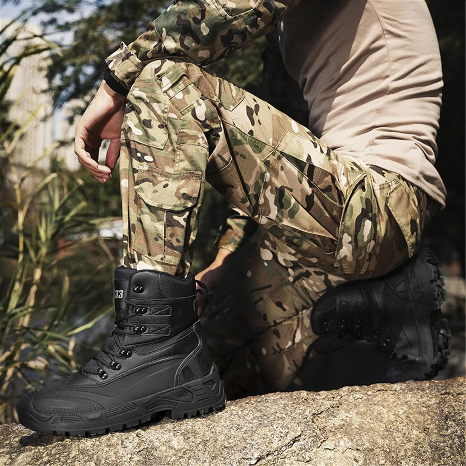 JiuQing Men's Waterproof Tactical Military Boots Anti Slip Platform Combat Boots Outdoor Hiking Work Boots