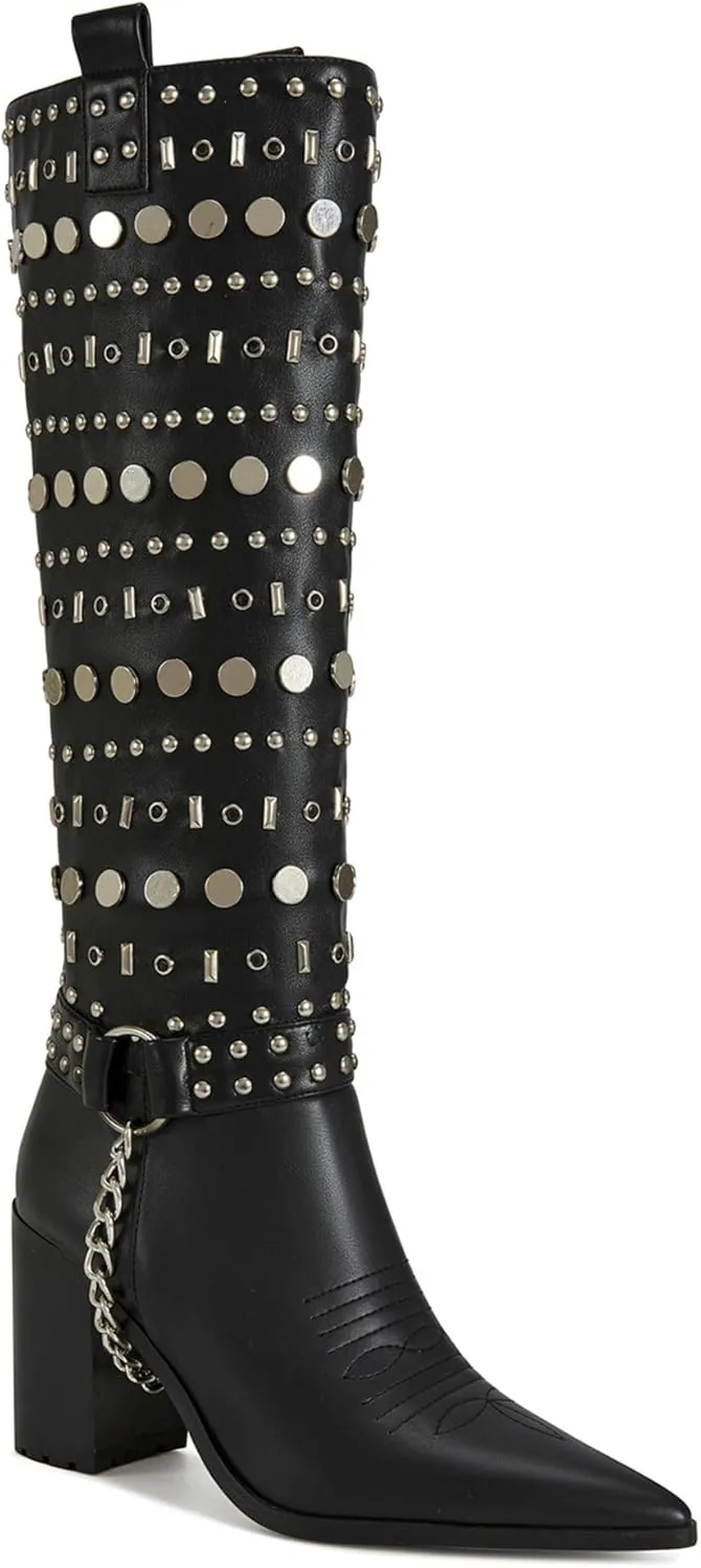 JULETTE-BLACK STUDDED KNEE HIGH HEELED BOOT