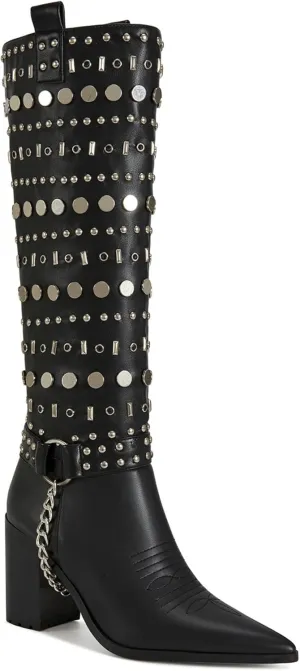 JULETTE-BLACK STUDDED KNEE HIGH HEELED BOOT