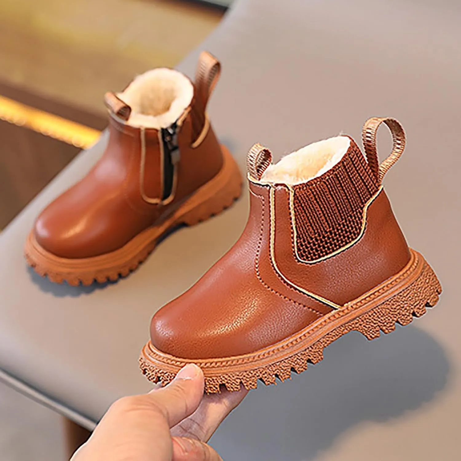 Kids Girls Ankle Bootie Side Zipper Short Suede Booties Slip on Faux Leather Booties Side Zip Low Heels Little Big Kid