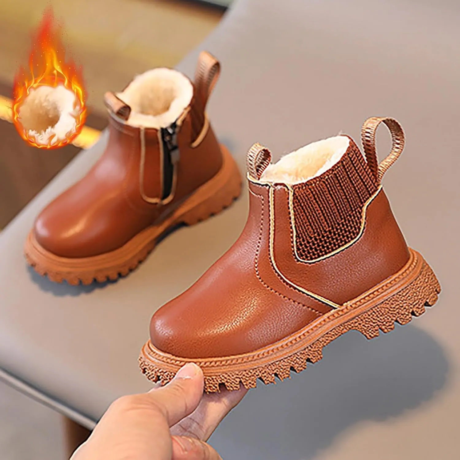 Kids Girls Ankle Bootie Side Zipper Short Suede Booties Slip on Faux Leather Booties Side Zip Low Heels Little Big Kid