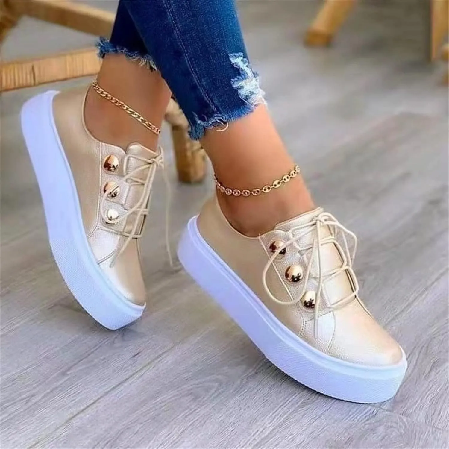 Lausiuoe Sneakers For Women Walking Shoes Wide Width Slip on Low Top Leather Sneakers Non Slip Fashion Flat Loafers