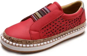 Lausiuoe Sneakers For Women Walking Shoes Wide Women Comfortable Casual Fashion Sneakers Walking Shoes Classic Fall Lightweight Soft Breathable Slip On Low Top Canvas Flat Loafers Red