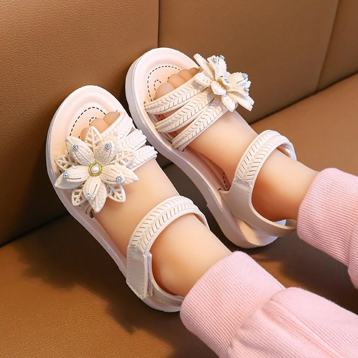 Little Girls Princess Flower Sandals Non Slip Soft Sole Comfortable Fashion Open Toe Flat Sandals Cute Beach Shoes