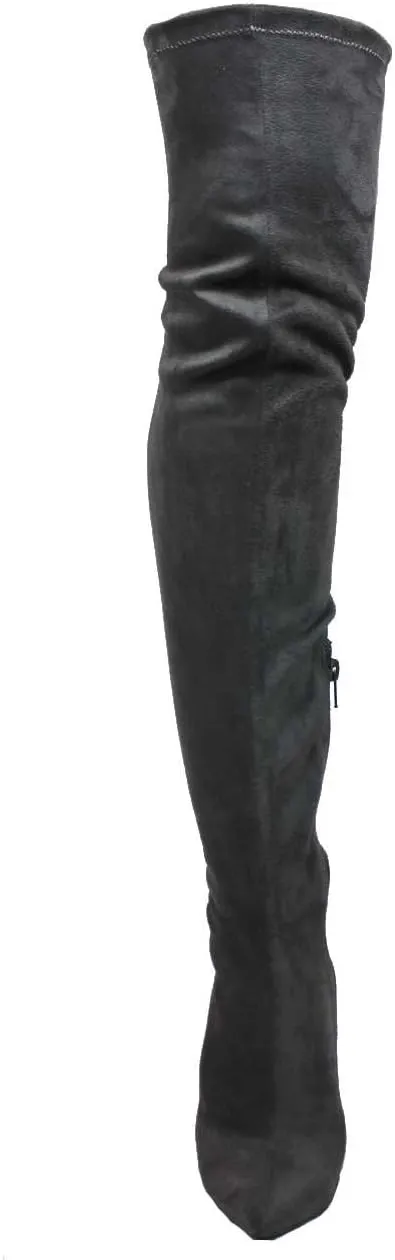 Ll Gisele-7 Thigh High Stretchy Suede Material Pointy Toe Stiletto Heel Boots Black,Black