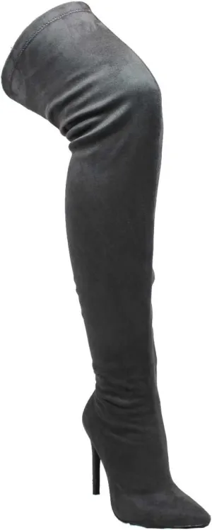 Ll Gisele-7 Thigh High Stretchy Suede Material Pointy Toe Stiletto Heel Boots Black,Black