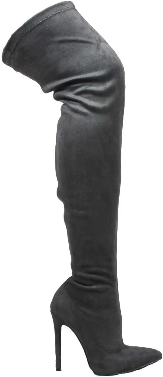 Ll Gisele-7 Thigh High Stretchy Suede Material Pointy Toe Stiletto Heel Boots Black,Black