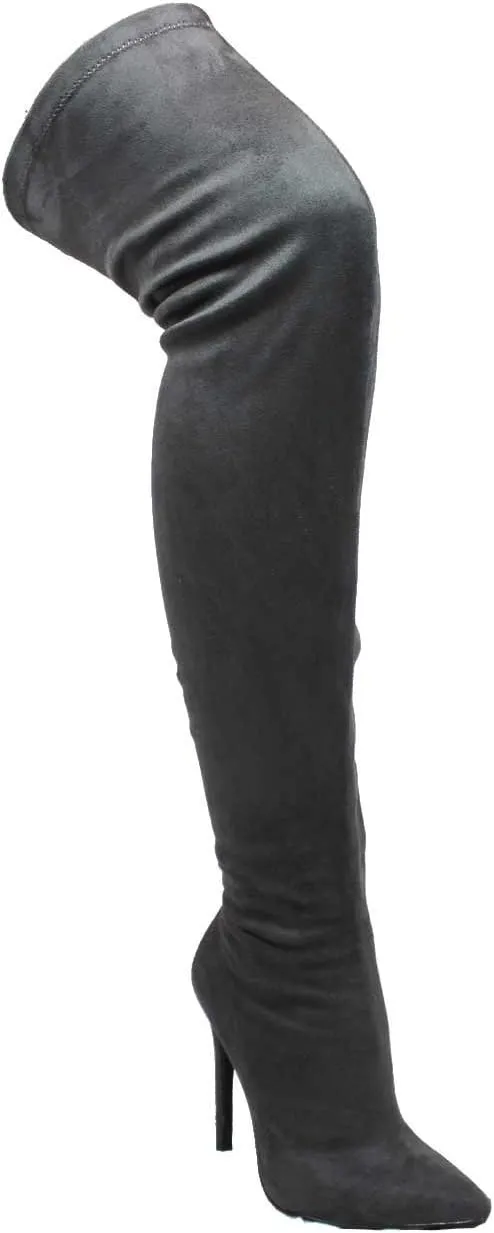 Ll Gisele-7 Thigh High Stretchy Suede Material Pointy Toe Stiletto Heel Boots Black,Black