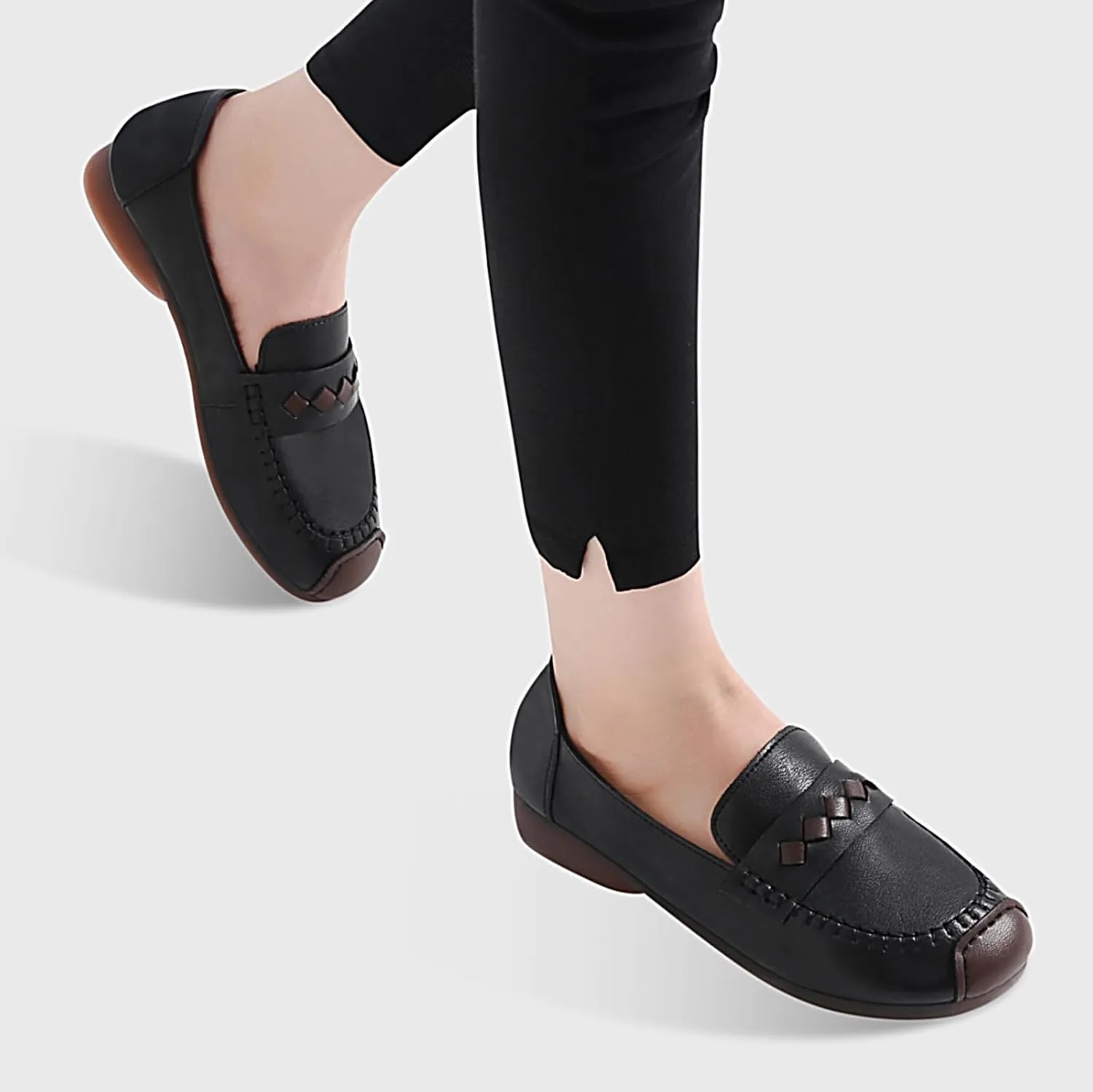 Loafers for Women Leather Penny Womens Loafers Slip-ons Soft Rubber Sole Shoes Color Matching