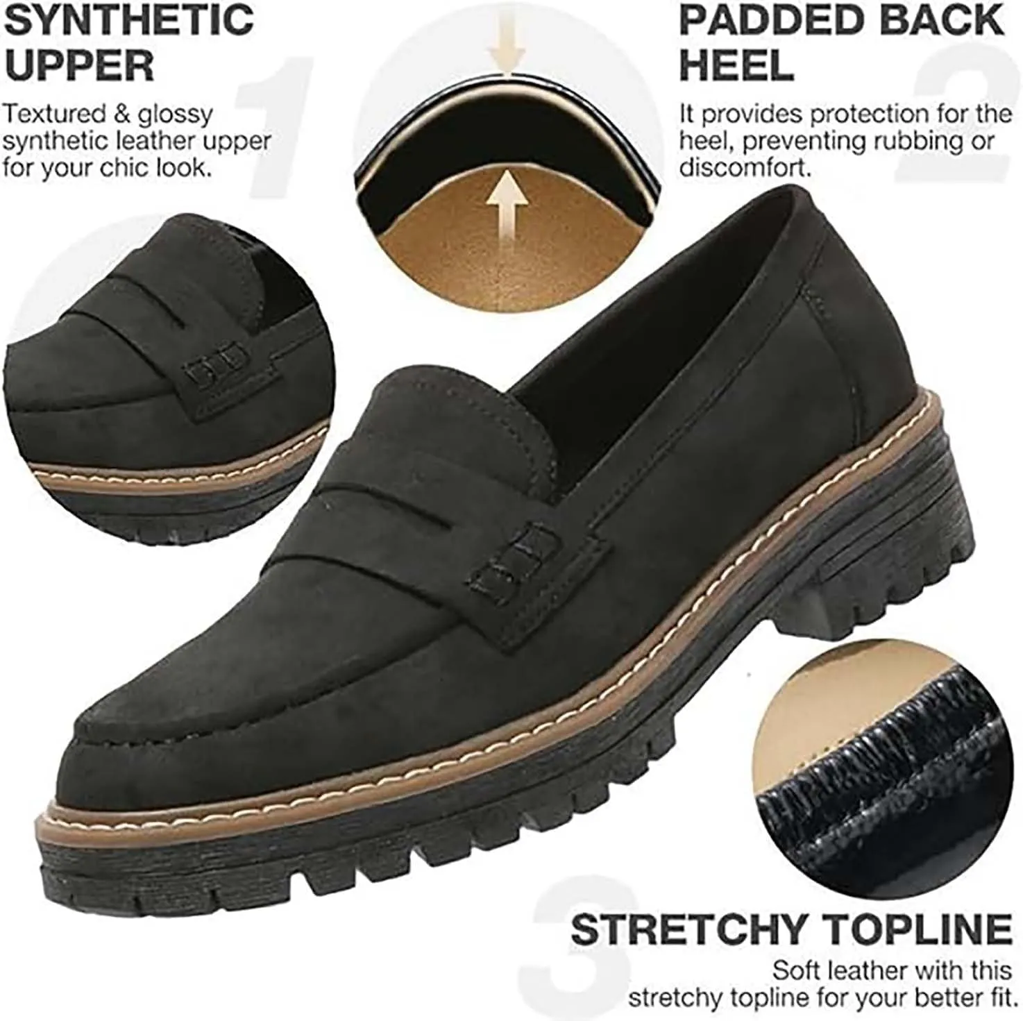 Loafers for Women Platform Black Shoes Slip On-Comfort Suede Chunky Office Business Casual Dress Shoes