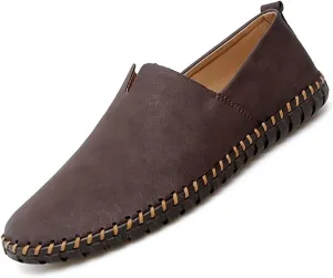 Men Leather Handmade Loafer Shoes Slip On Soft Fashion Round Toe Flats Non-Slip Walking Driving Shoes for Men