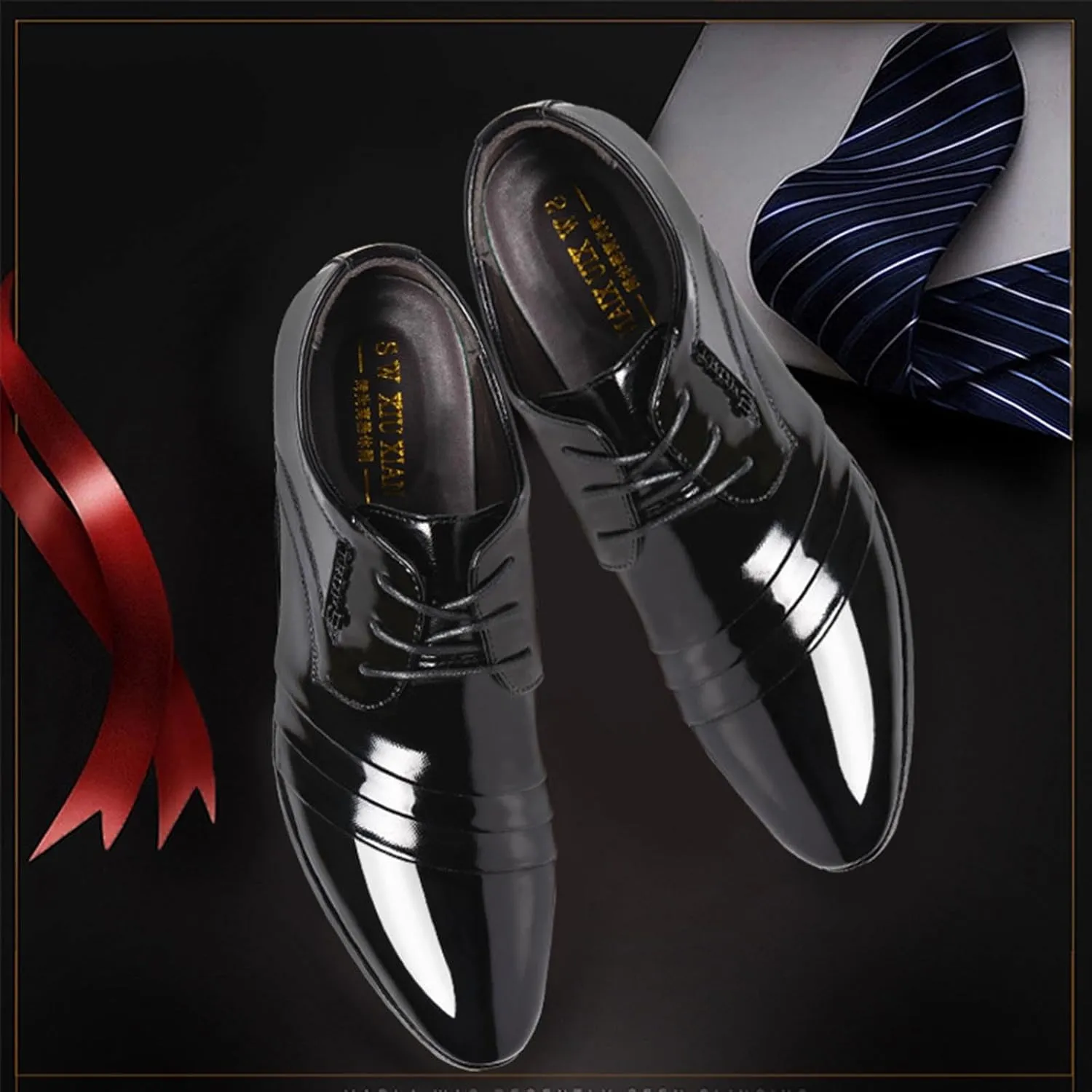 Mens Black Dress Shoes Patent Leather Classic Lace-up Formal Oxford Tuxedo Dress Shoe Brogue Slip on Footwear Wedding Party Dressy