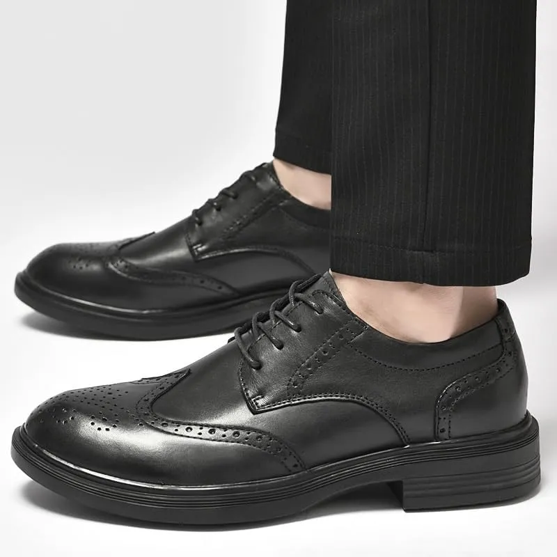 Men's Black Height Increase Dress Shoes Classic Lace Up Breathable Leather Shoes Bussiness Formal Oxfords