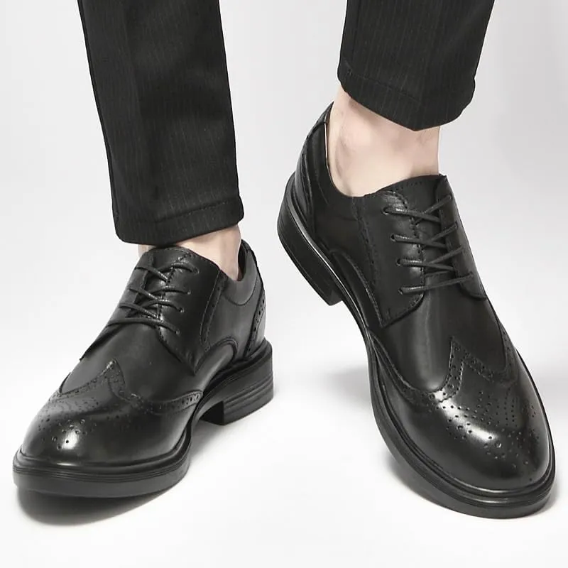 Men's Black Height Increase Dress Shoes Classic Lace Up Breathable Leather Shoes Bussiness Formal Oxfords