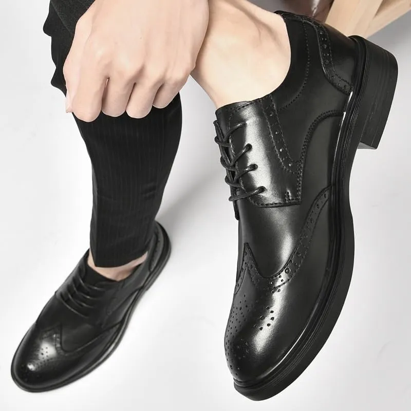 Men's Black Height Increase Dress Shoes Classic Lace Up Breathable Leather Shoes Bussiness Formal Oxfords