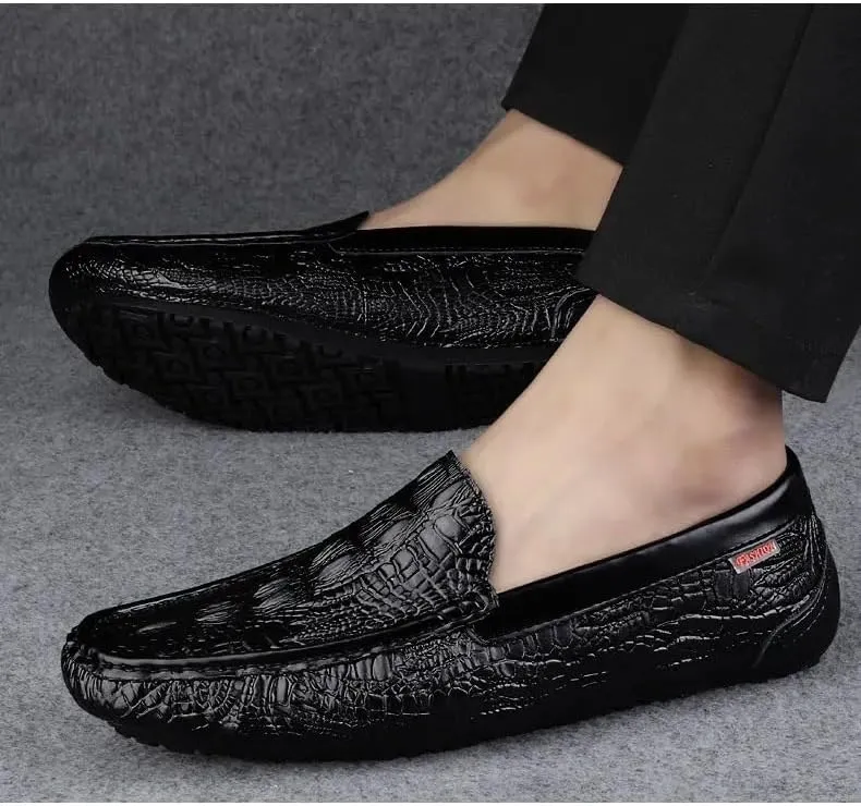 Men's Crocodile Leather Loafers Embossed Round Toe Leather Driving Shoes Lightweight Comfortable Anti-Slip Outdoor Slip-On Smoking Loafers