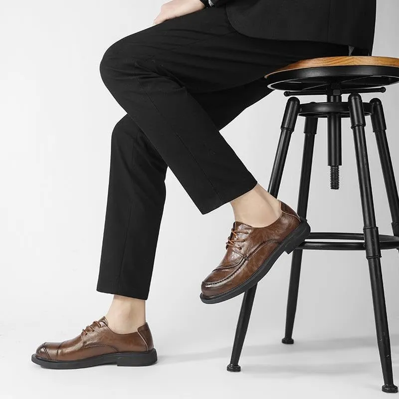 Men's Dress Shoes, Lace Up Dress Shoes Platform Breathable Casual Business Luxury Genuine Leather Heightening Shoes