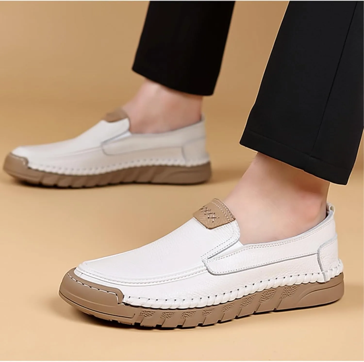 Mens Genuine Leather Slip-on Loafers Casual Breathable Handmade Slip On Driving Shoes Fashion Business Shoes