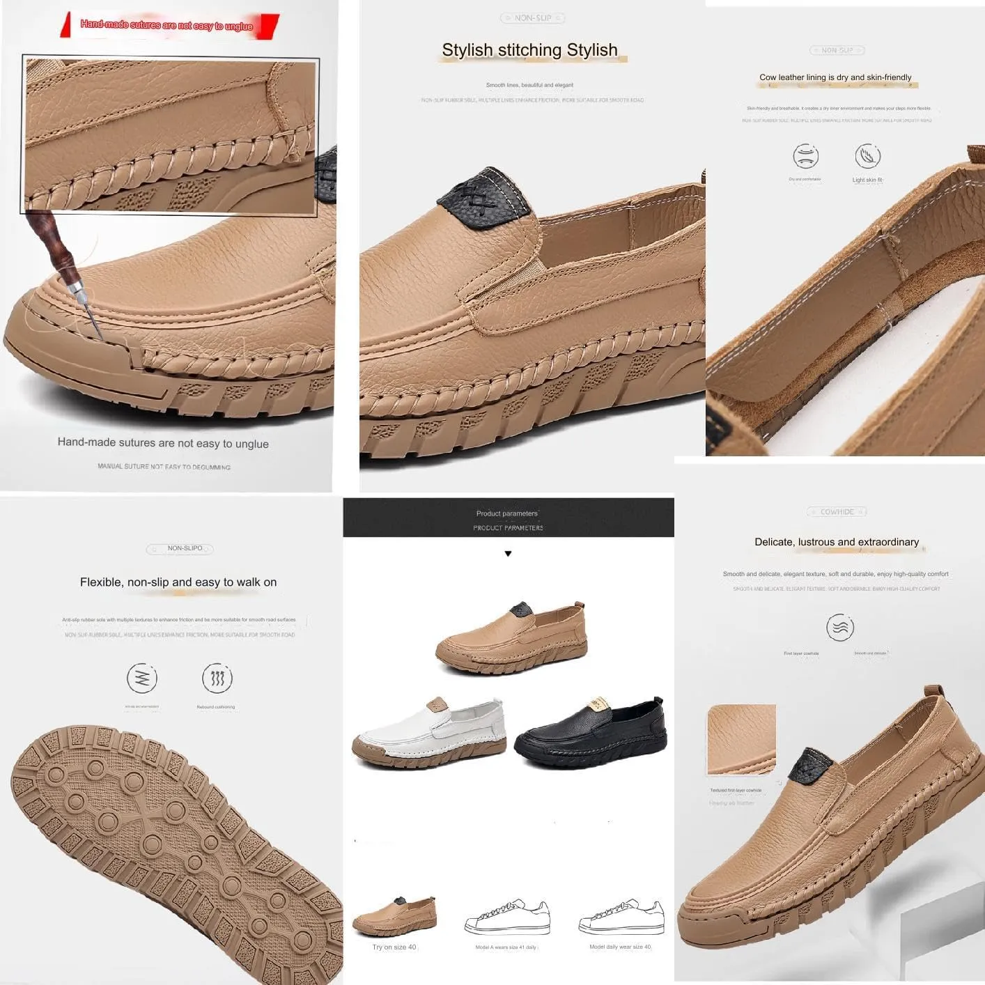 Mens Genuine Leather Slip-on Loafers Casual Breathable Handmade Slip On Driving Shoes Fashion Business Shoes