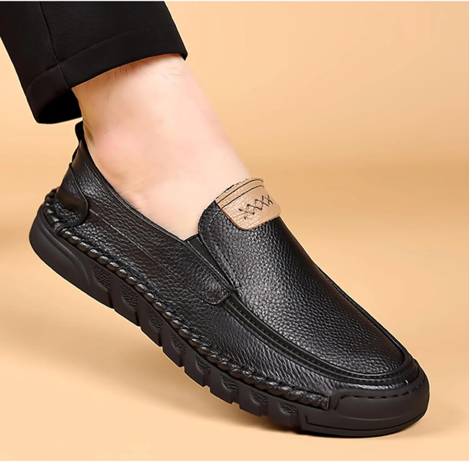 Mens Genuine Leather Slip-on Loafers Casual Breathable Handmade Slip On Driving Shoes Fashion Business Shoes
