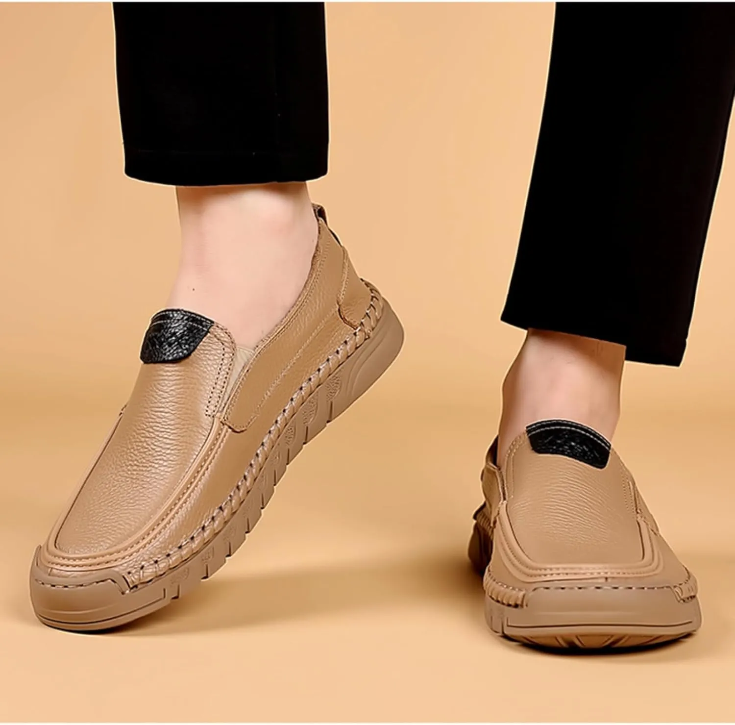 Mens Genuine Leather Slip-on Loafers Casual Breathable Handmade Slip On Driving Shoes Fashion Business Shoes