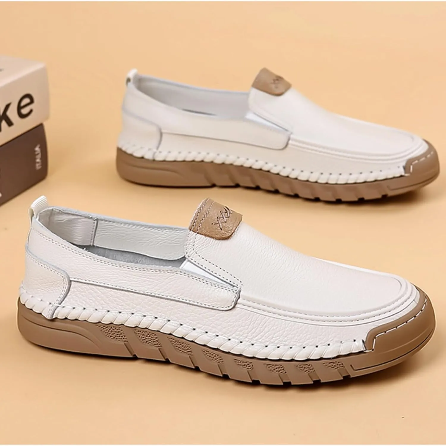 Mens Genuine Leather Slip-on Loafers Casual Breathable Handmade Slip On Driving Shoes Fashion Business Shoes