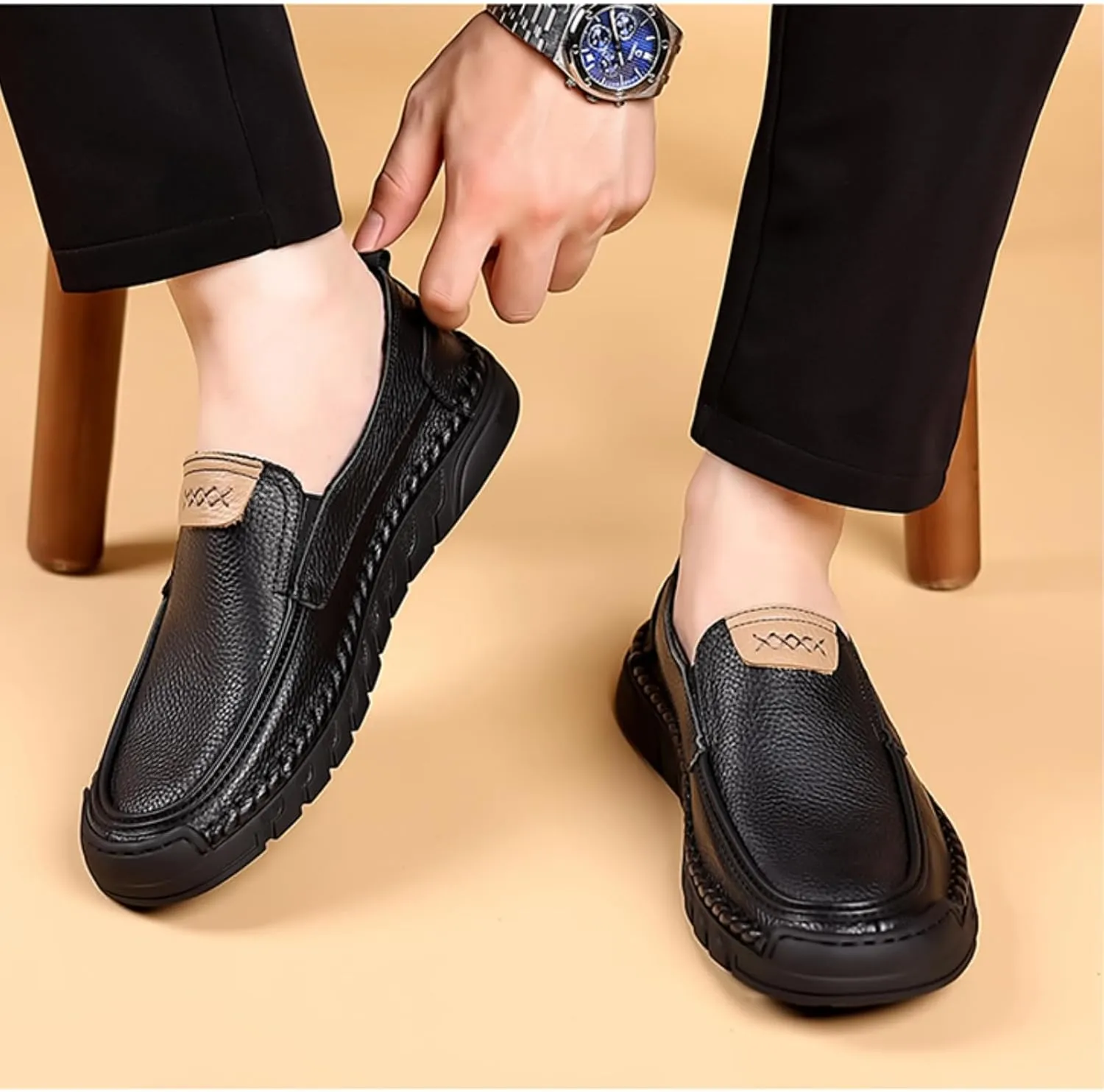 Mens Genuine Leather Slip-on Loafers Casual Breathable Handmade Slip On Driving Shoes Fashion Business Shoes