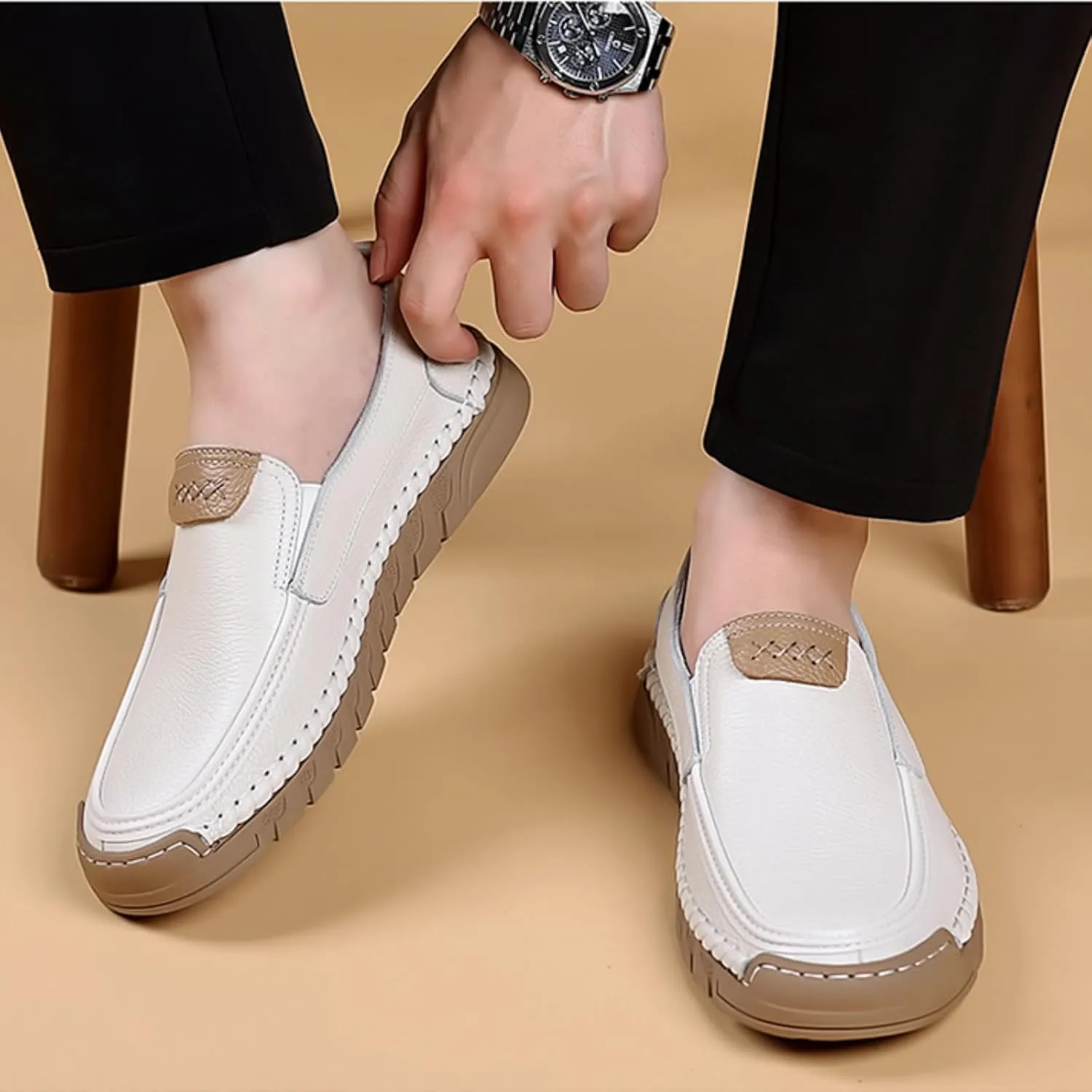 Mens Genuine Leather Slip-on Loafers Casual Breathable Handmade Slip On Driving Shoes Fashion Business Shoes