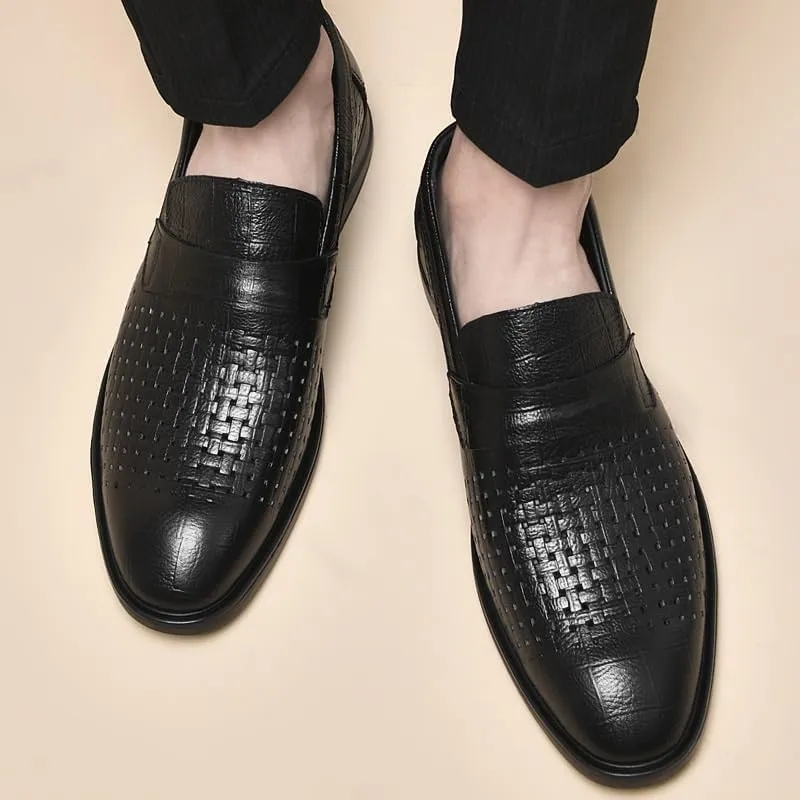 Mens Genuine Leather Slip-on Loafers Casual Hollow Breathable Comfort Penny Loafers Shoes Soft Sole Flat Dress Driving Causal Shoes