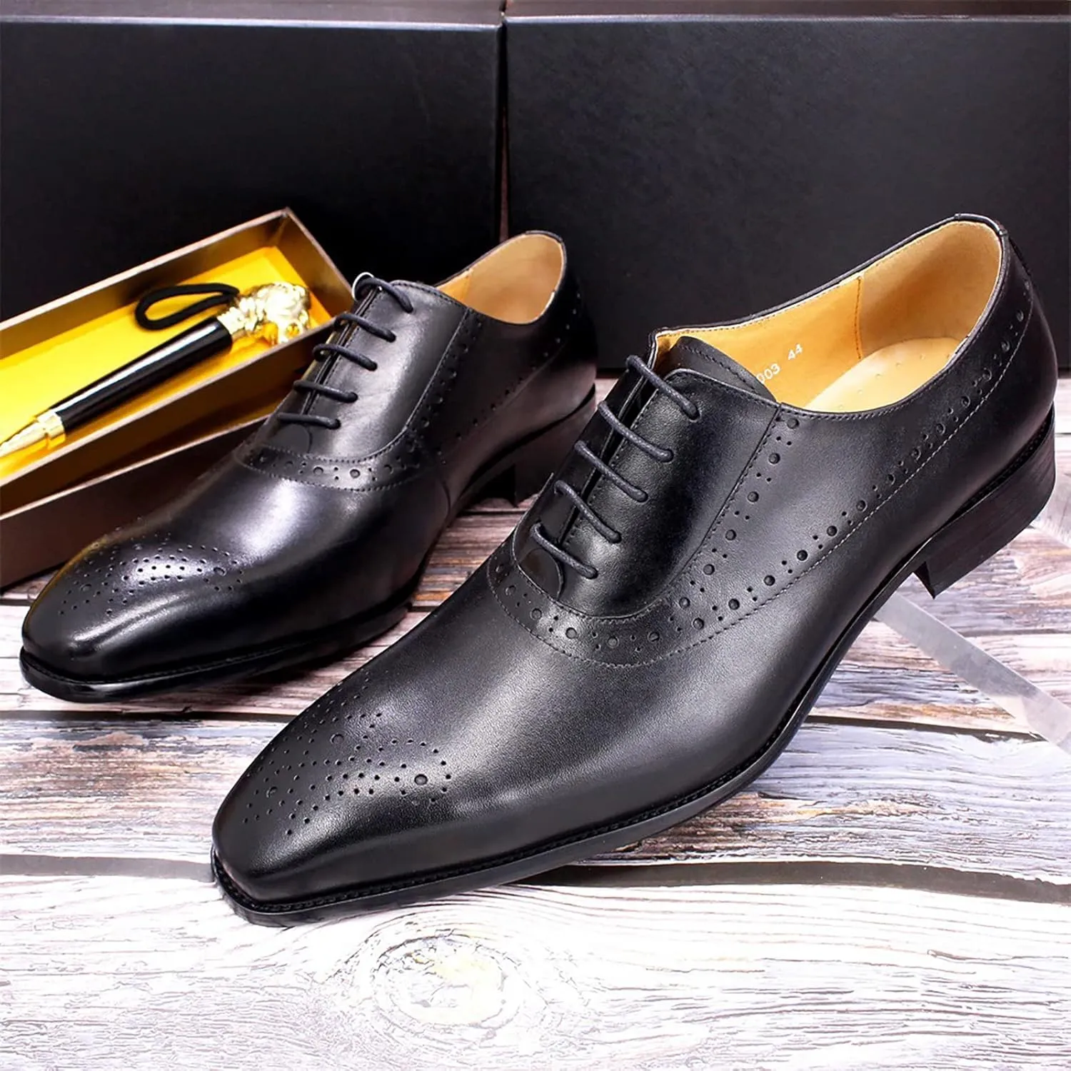 Men's Lace-up Brogues Casual Oxfords Formal Derbys Breathable Leather Dress Shoes,Black-44