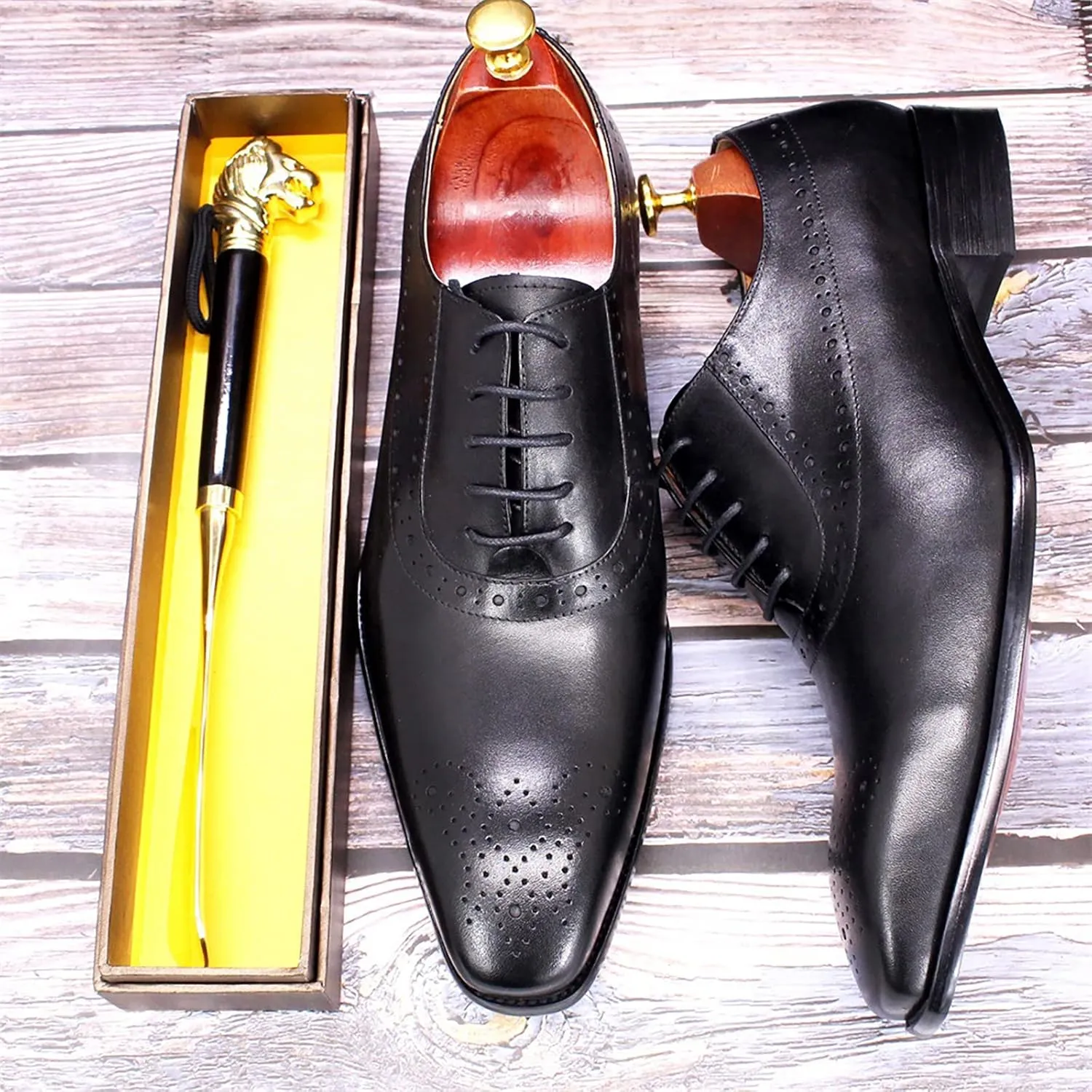 Men's Lace-up Brogues Casual Oxfords Formal Derbys Breathable Leather Dress Shoes,Black-44