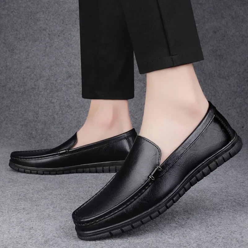 Men's Leather Hand Stitching Penny Loafers Lightweight Breathable Round Toe Slip On Flat Moccasins Outdoor Casual Driving Walking Shoes