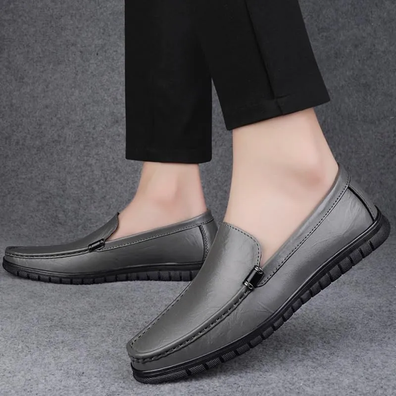 Men's Leather Hand Stitching Penny Loafers Lightweight Breathable Round Toe Slip On Flat Moccasins Outdoor Casual Driving Walking Shoes