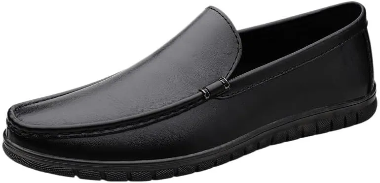 Men's Leather Hand Stitching Penny Loafers Lightweight Breathable Round Toe Slip On Flat Moccasins Outdoor Casual Driving Walking Shoes