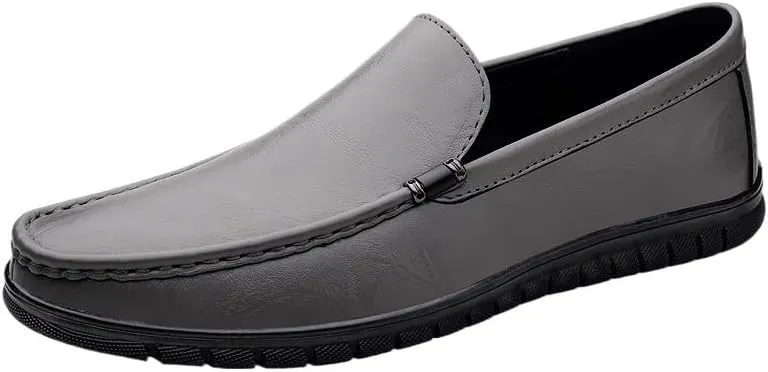 Men's Leather Hand Stitching Penny Loafers Lightweight Breathable Round Toe Slip On Flat Moccasins Outdoor Casual Driving Walking Shoes