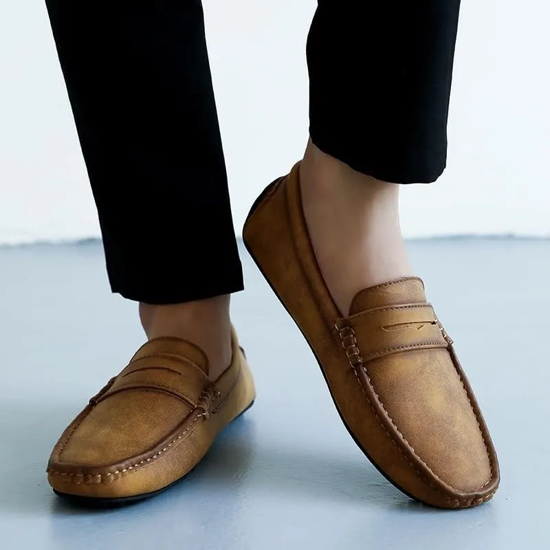 Men's PU Leather Driving Loafers - Comfortable Square Toe Loafers, Flexible Slip-On Shoes with Slip-Resistant Sole for Parties