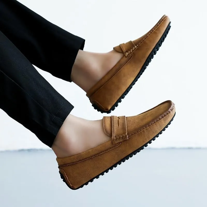 Men's PU Leather Driving Loafers - Comfortable Square Toe Loafers, Flexible Slip-On Shoes with Slip-Resistant Sole for Parties