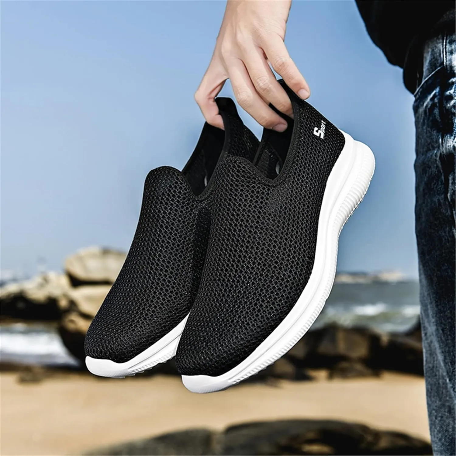 Mens Running Shoes Mesh Casual Black Shoes Black Platform Sneaker Ladies Walking Tennis Slip on Lightweight Red Tennis Shoe Loafers Casual Slip On