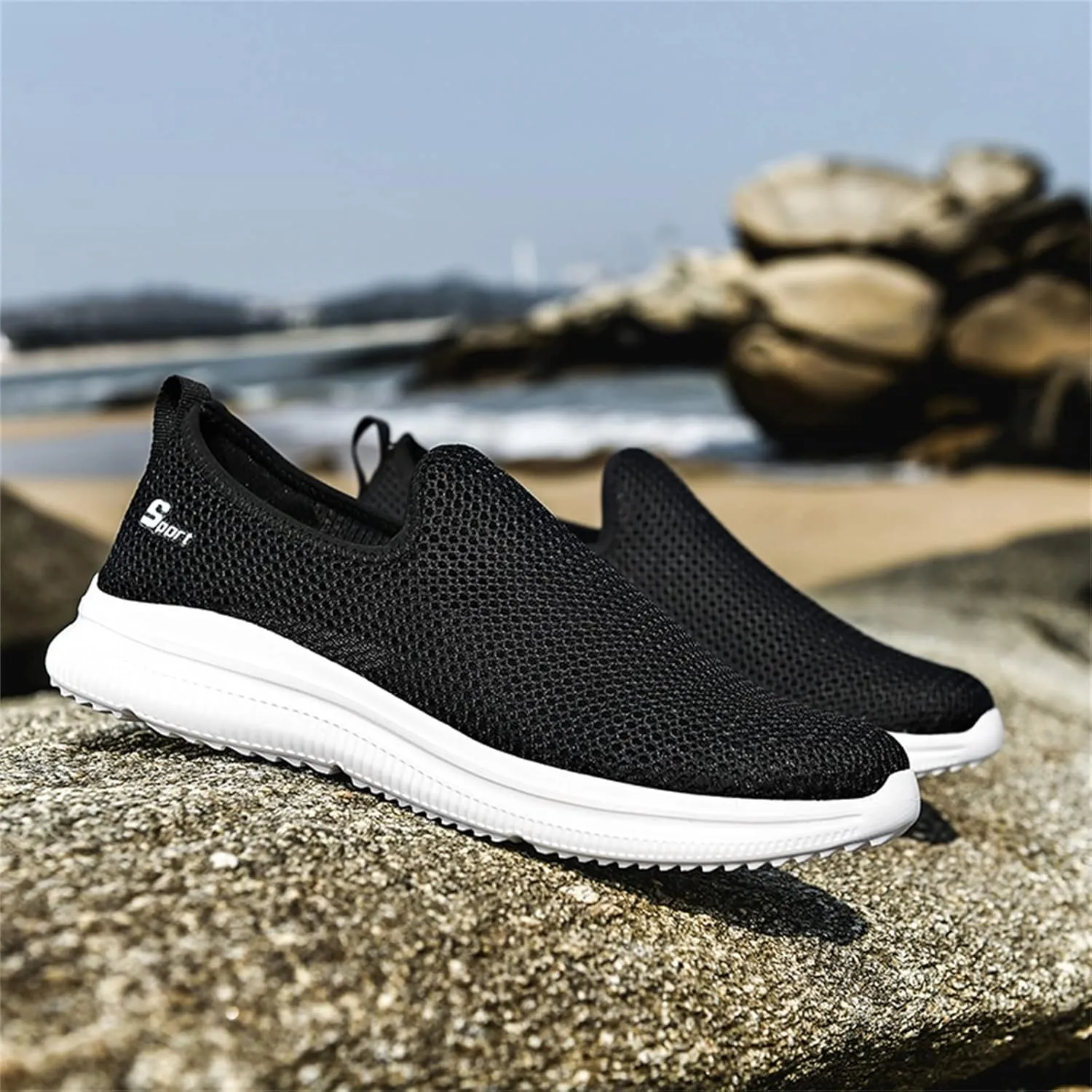 Mens Running Shoes Mesh Casual Black Shoes Black Platform Sneaker Ladies Walking Tennis Slip on Lightweight Red Tennis Shoe Loafers Casual Slip On